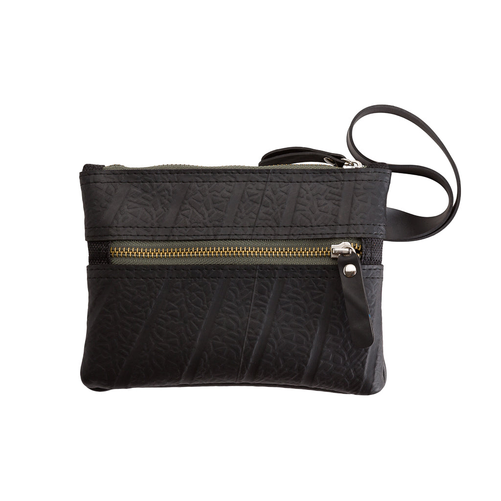 Erin Vegan Wristlet and Belt Pouch made from recycled rubber, featuring a zip pocket and wristlet strap, available in various colors.